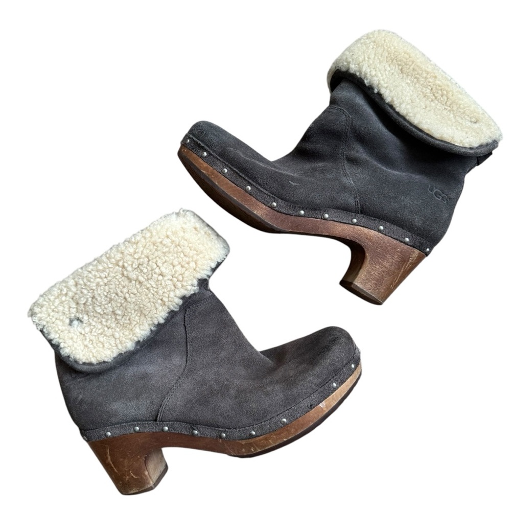 Ugg Lynnae Suede Leather Brown Fold Over Shearling Clogs Booties Size 8